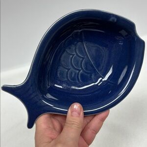 Vintage blue glazed  ceramic 7.5” fish shaped appetizer dish